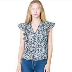 Veronica Beard Joi Batik Ruffle Front Top Women's 6 Flutter Sleeve Navy White